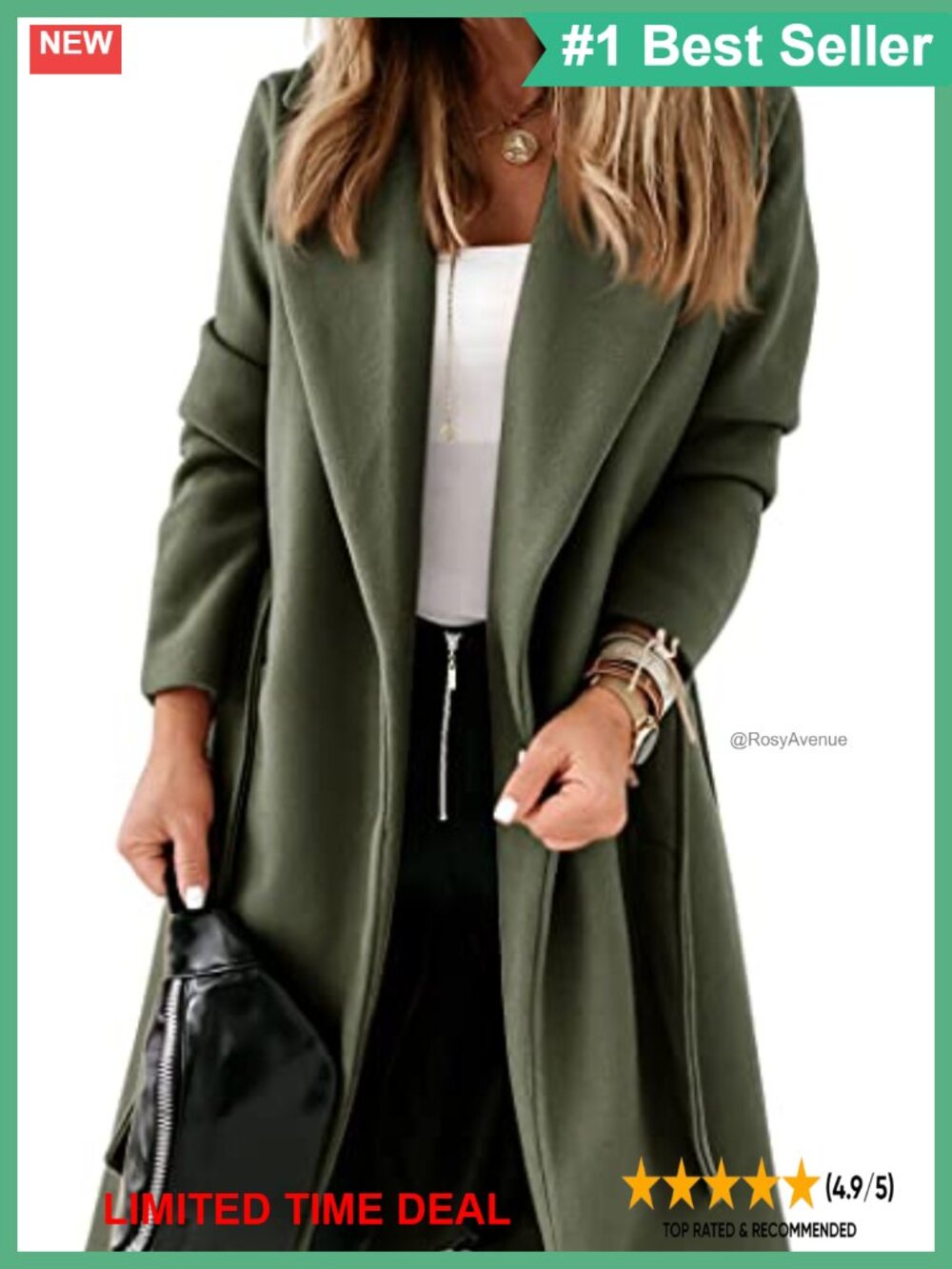 Womens Classic Long Trench Coat Lapel Open Front Belted Jacket